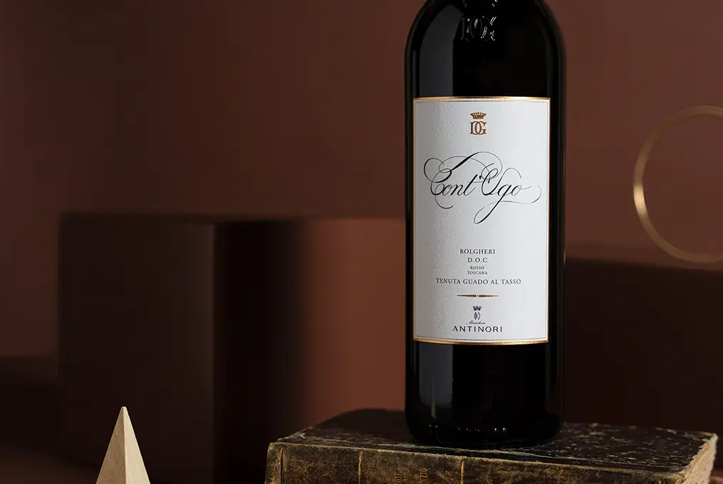 Cont Ugo wine bottle standing on a stack of books.